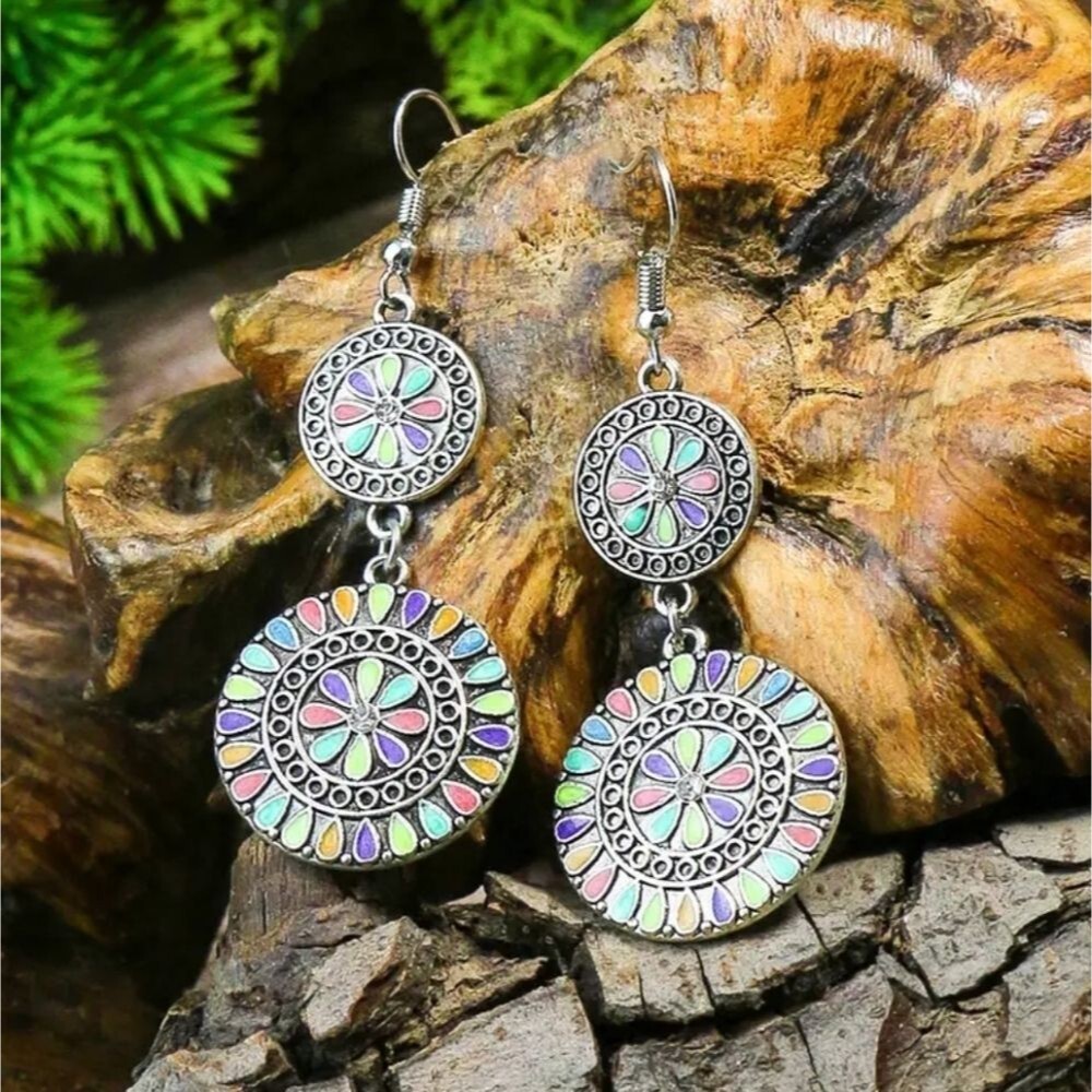 Multicolor mandala silver plated drop earrings Bohemian jewelry